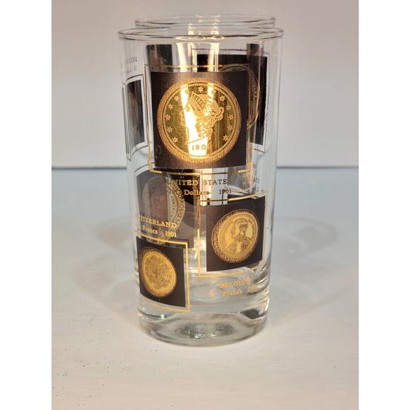 Vintage Gold & Black Square European Coin Hi Ball Cocktail Glasses Set/2 MCM - Picture 3 of 4